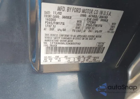 2003 Ford F150 Supercrew from USA, damaged, VIN 1FTRW08L33KB05743